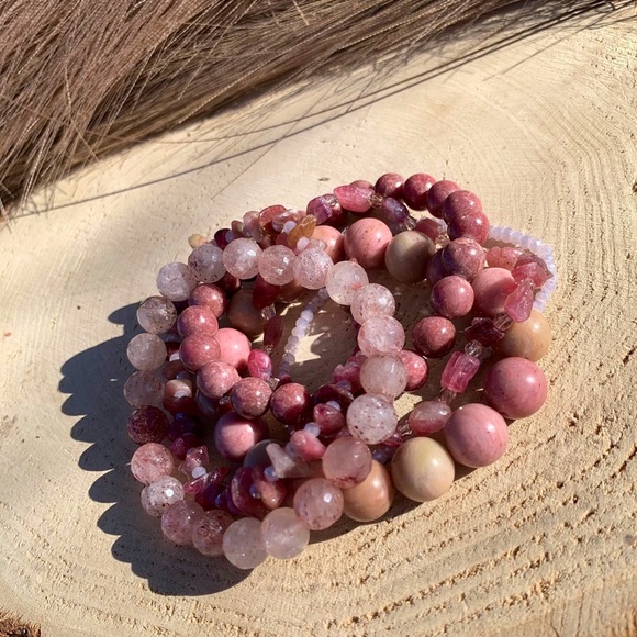 Natural Strawberry Quartz, Pink Rhodonite & Raw Tourmaline Gemstone Bracelets - Picture 5 of 15